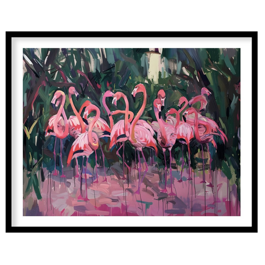 This expressive painting captures a vibrant gathering of flamingos amidst lush foliage. The artist … for abode