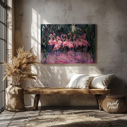 This expressive painting captures a vibrant gathering of flamingos amidst lush foliage. The artist … for entryway