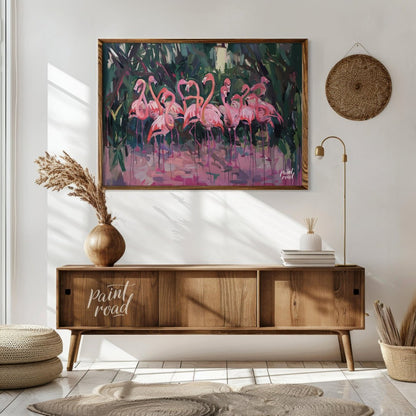 This expressive painting captures a vibrant gathering of flamingos amidst lush foliage. The artist … for living room