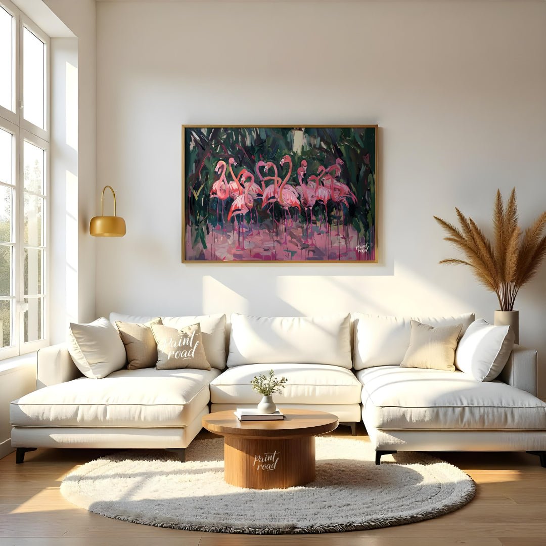 This expressive painting captures a vibrant gathering of flamingos amidst lush foliage. The artist … for living room