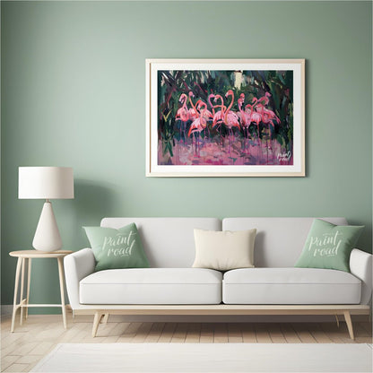 This expressive painting captures a vibrant gathering of flamingos amidst lush foliage. The artist … for living room