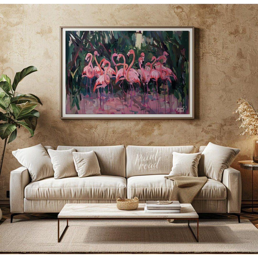 This expressive painting captures a vibrant gathering of flamingos amidst lush foliage. The artist … for living room