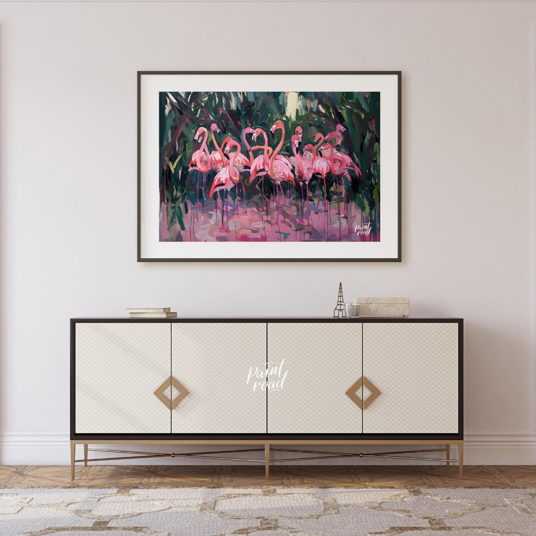This expressive painting captures a vibrant gathering of flamingos amidst lush foliage. The artist … for living room