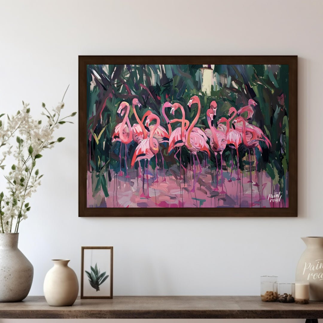 This expressive painting captures a vibrant gathering of flamingos amidst lush foliage. The artist … for living room