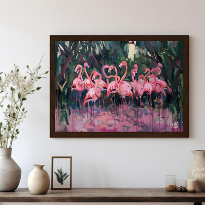 This expressive painting captures a vibrant gathering of flamingos amidst lush foliage. The artist … for living room