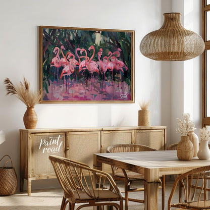 This vibrant painting features four flamingos standing gracefully against a bold, textured backdrop… for dining room