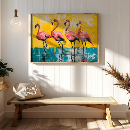 This vibrant painting features four flamingos standing gracefully against a bold, textured backdrop… for entryway