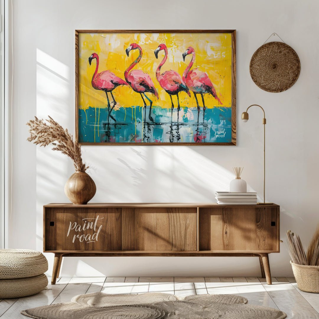 This vibrant painting features four flamingos standing gracefully against a bold, textured backdrop… for living room