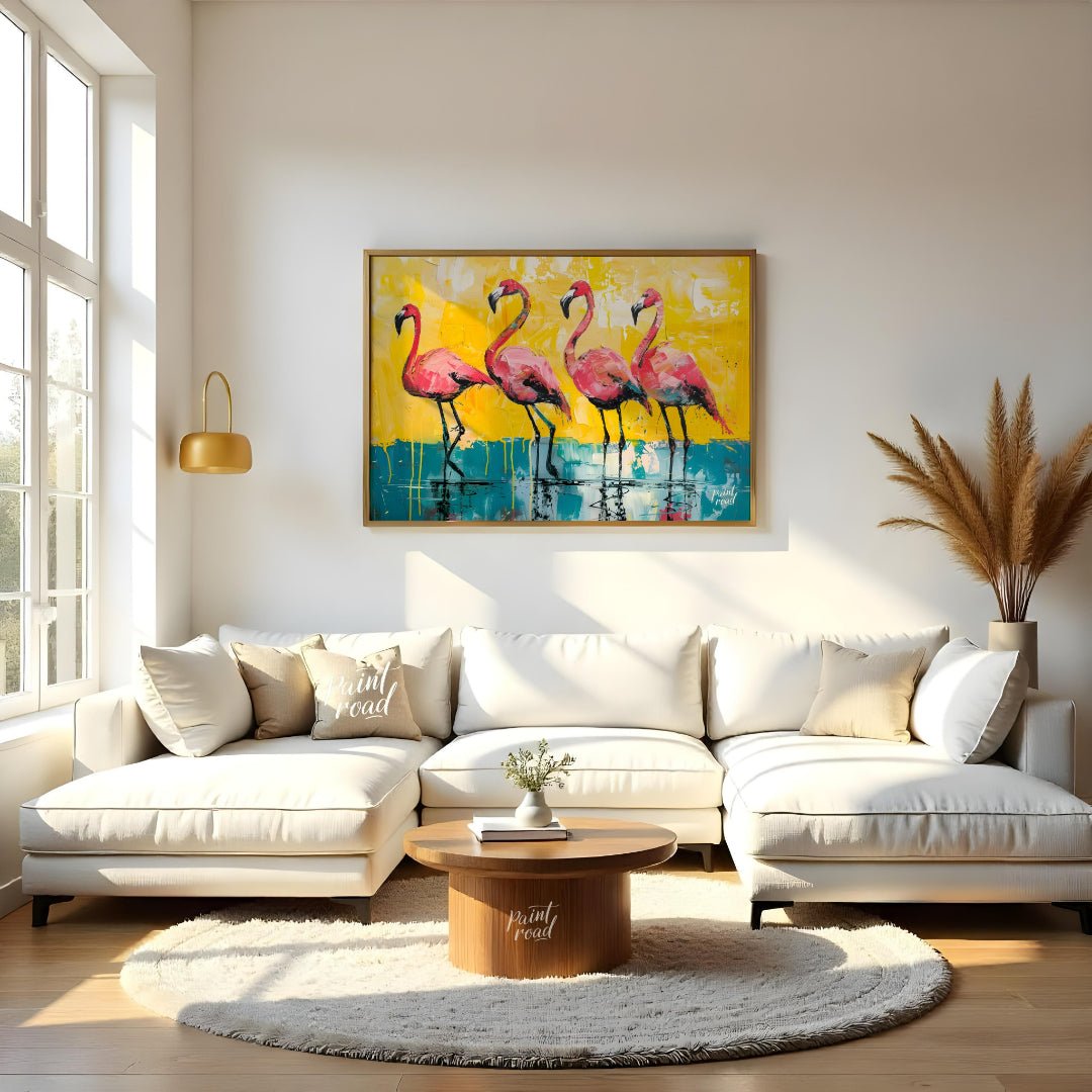 This vibrant painting features four flamingos standing gracefully against a bold, textured backdrop… for living room