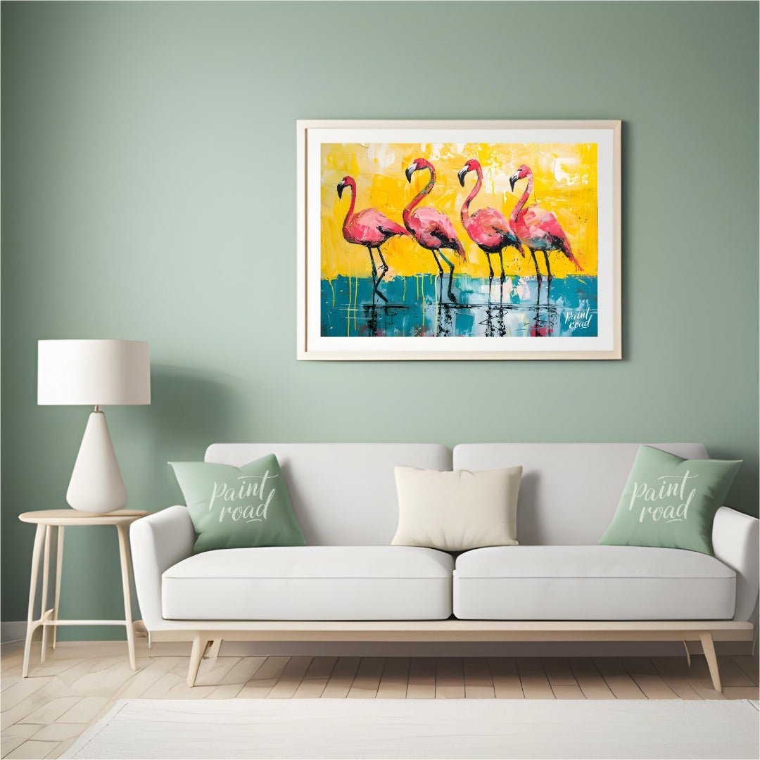 This vibrant painting features four flamingos standing gracefully against a bold, textured backdrop… for living room