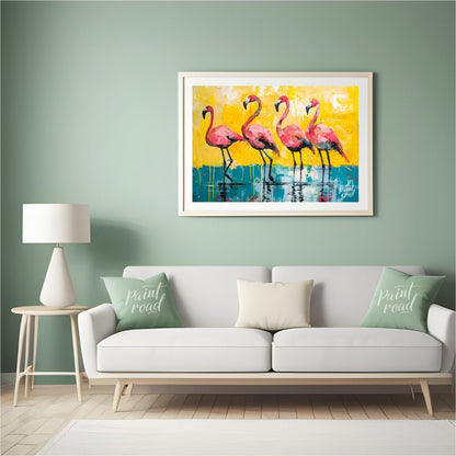 This vibrant painting features four flamingos standing gracefully against a bold, textured backdrop… for living room