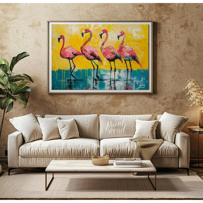 This vibrant painting features four flamingos standing gracefully against a bold, textured backdrop… for living room