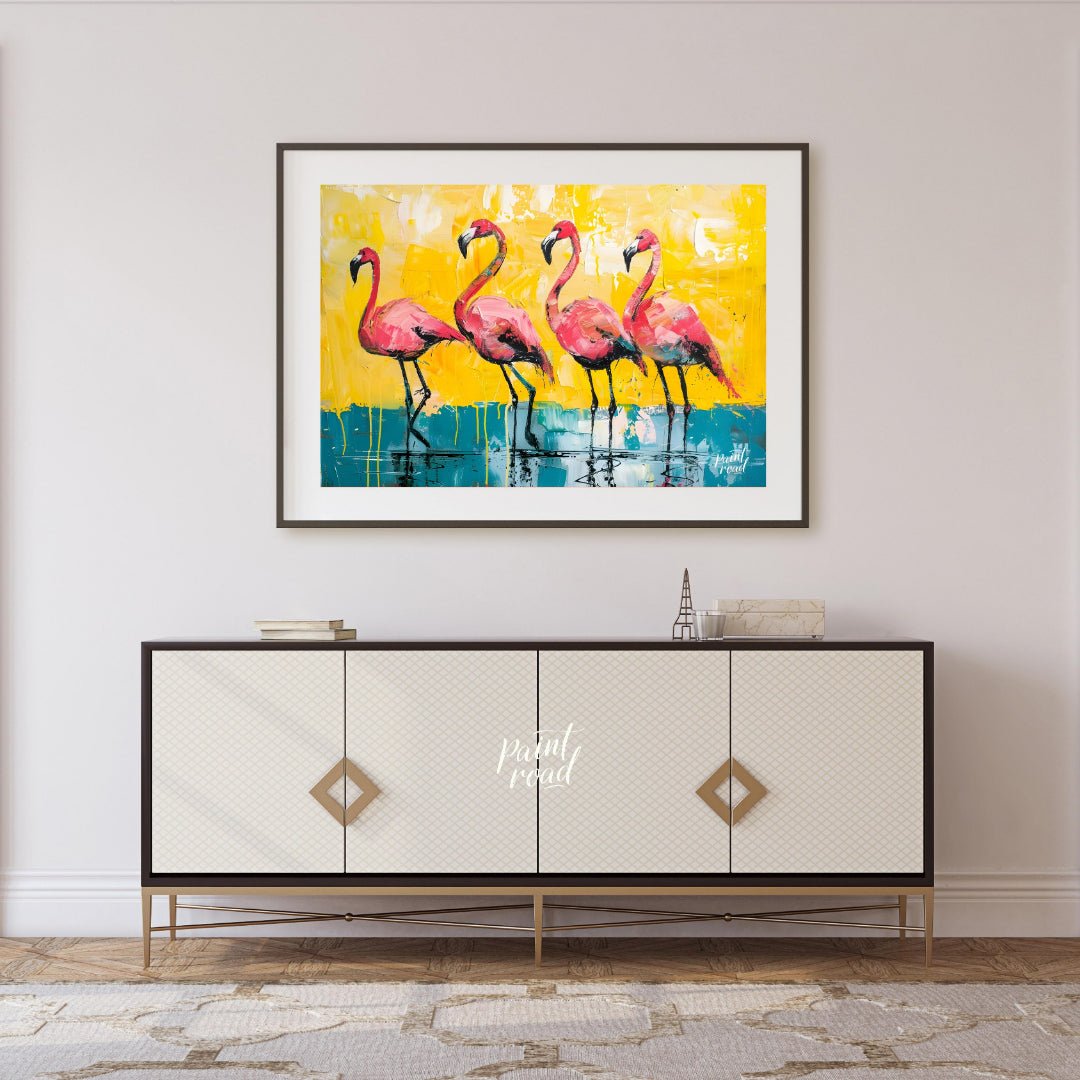 This vibrant painting features four flamingos standing gracefully against a bold, textured backdrop… for living room