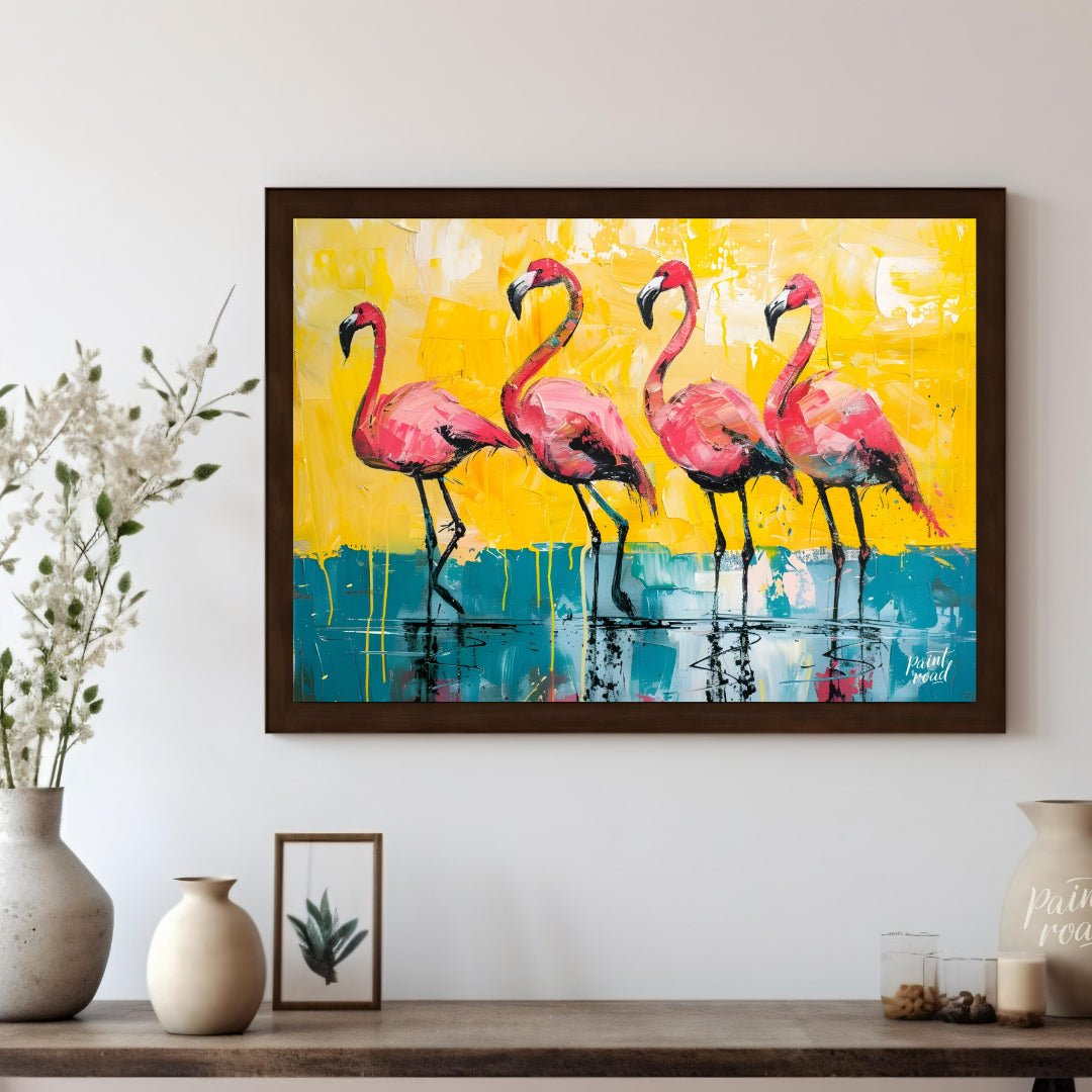 This vibrant painting features four flamingos standing gracefully against a bold, textured backdrop… for living room