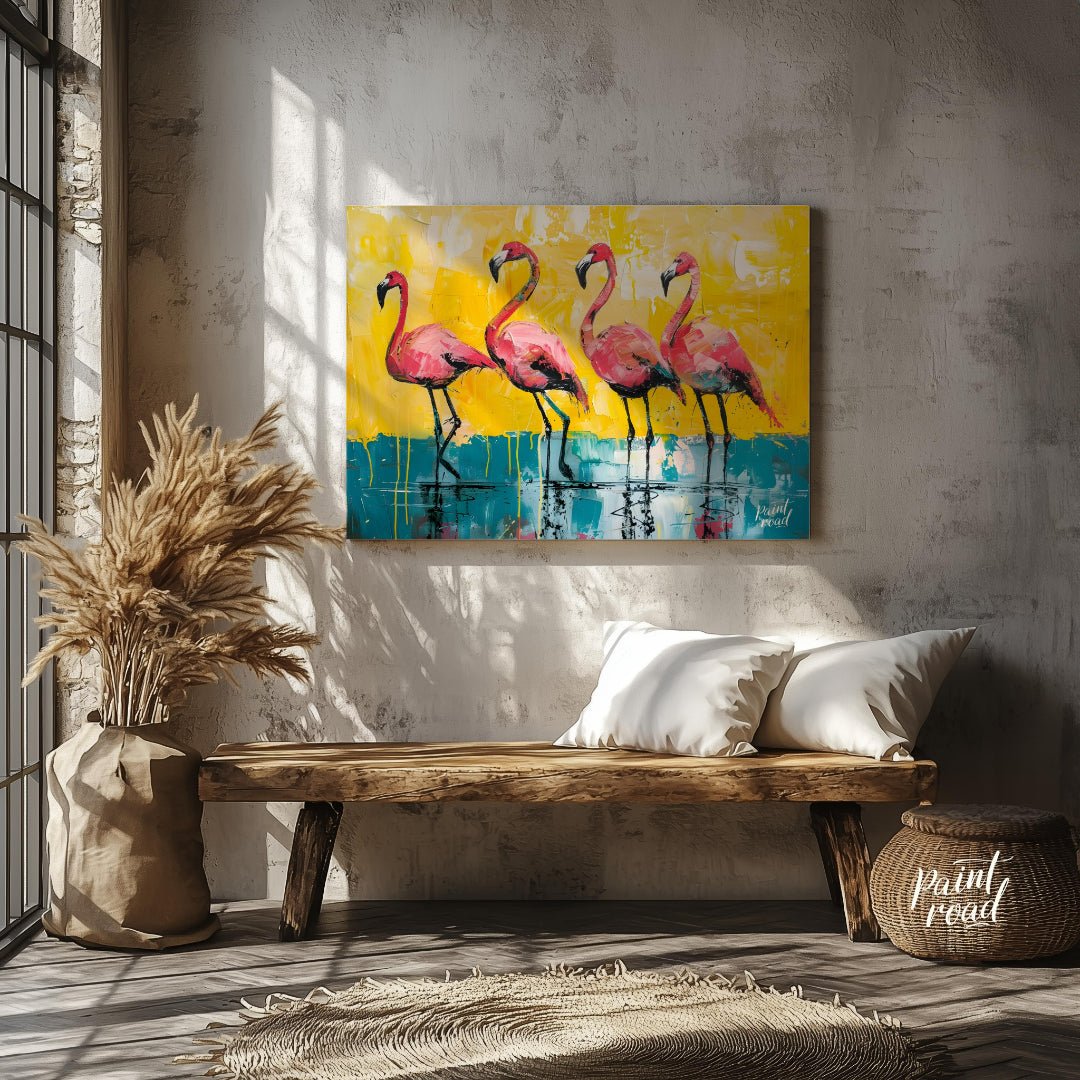 This vibrant painting features four flamingos standing gracefully against a bold, textured backdrop… for living room