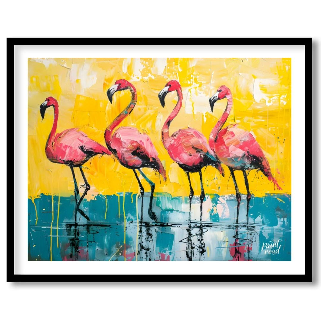 This vibrant painting features four flamingos standing gracefully against a bold, textured backdrop… for sweet home