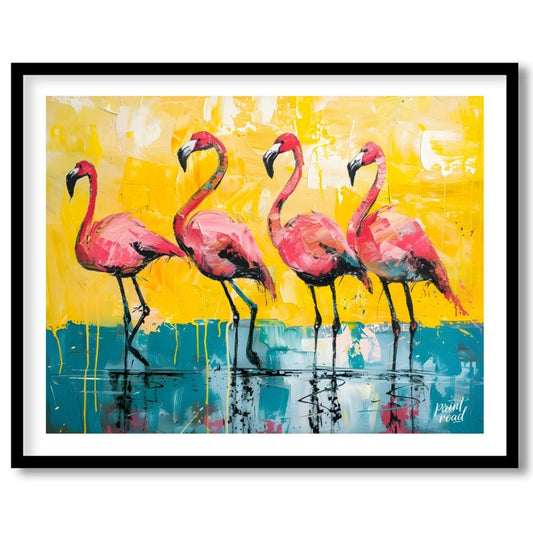 This vibrant painting features four flamingos standing gracefully against a bold, textured backdrop… for sweet home