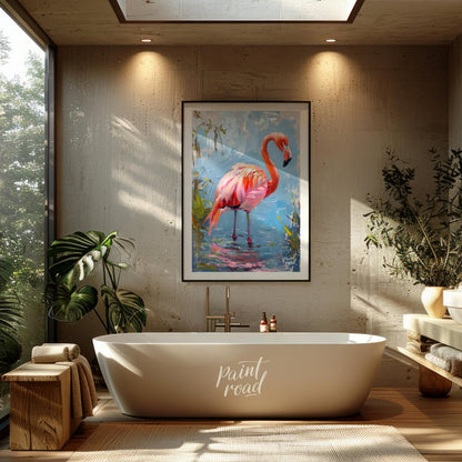 This artwork captures a flamingo in a moment of serene contemplation, standing in shallow water. Th… for bathroom