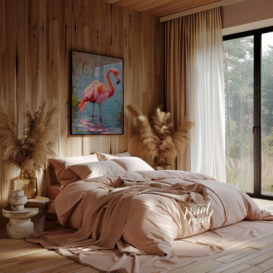 This artwork captures a flamingo in a moment of serene contemplation, standing in shallow water. Th… for bedroom