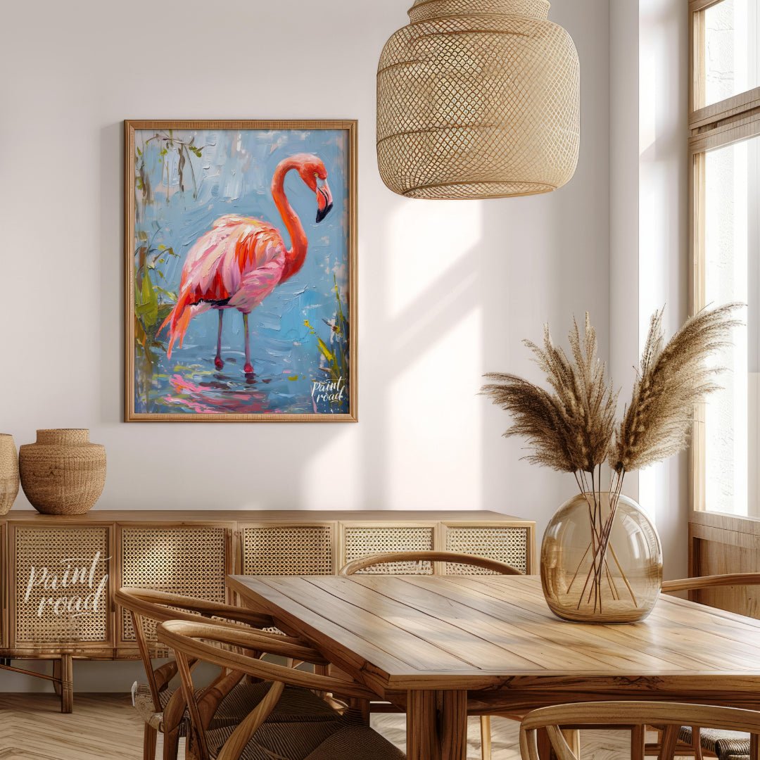 This artwork captures a flamingo in a moment of serene contemplation, standing in shallow water. Th… for dining room