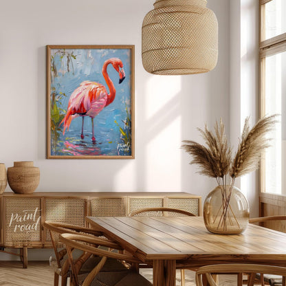 This artwork captures a flamingo in a moment of serene contemplation, standing in shallow water. Th… for dining room