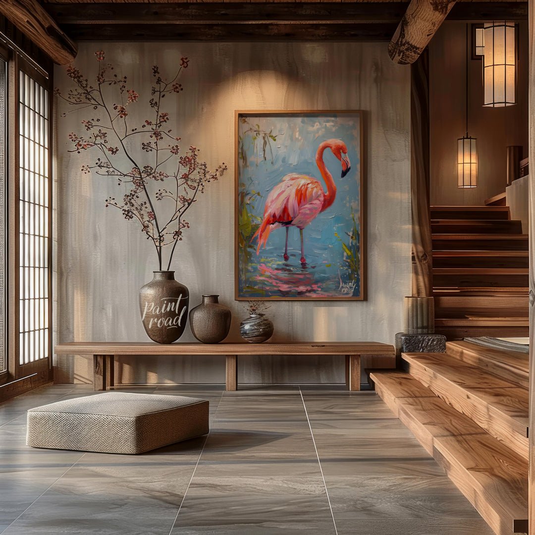 This artwork captures a flamingo in a moment of serene contemplation, standing in shallow water. Th… for entryway