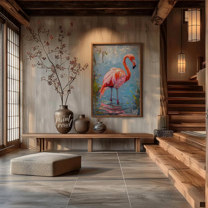 This artwork captures a flamingo in a moment of serene contemplation, standing in shallow water. Th… for entryway