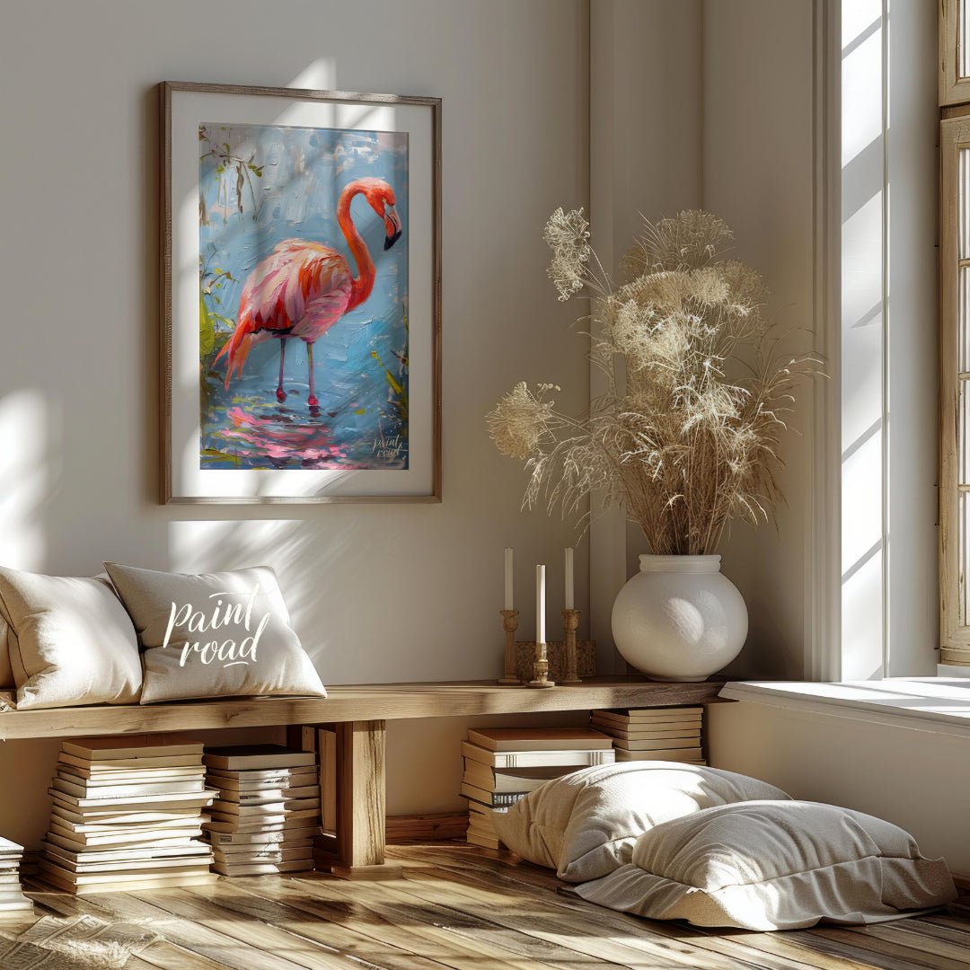 This artwork captures a flamingo in a moment of serene contemplation, standing in shallow water. Th… for living room