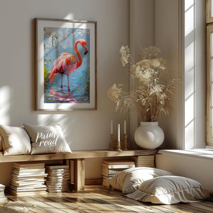 This artwork captures a flamingo in a moment of serene contemplation, standing in shallow water. Th… for living room