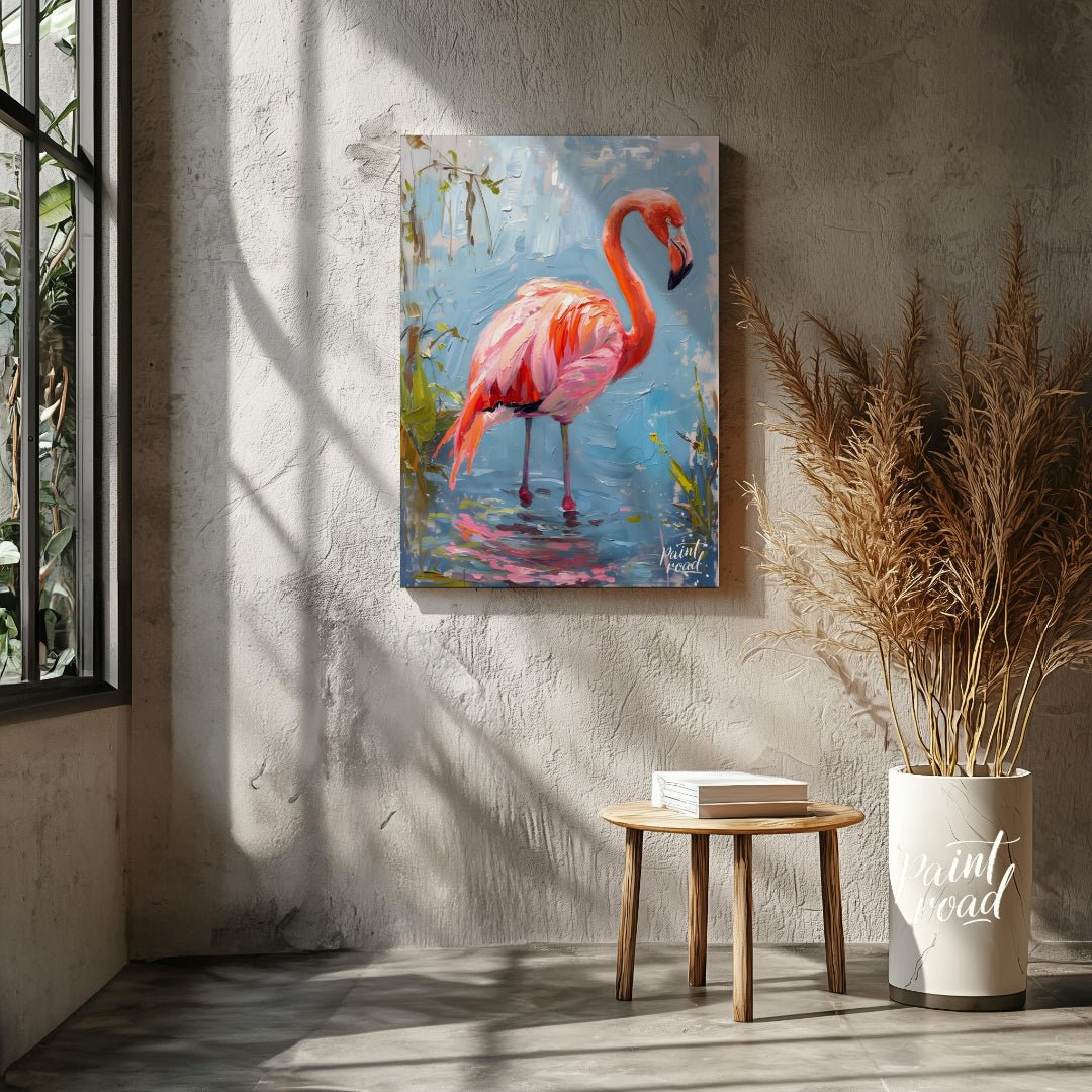 This artwork captures a flamingo in a moment of serene contemplation, standing in shallow water. Th… for living room
