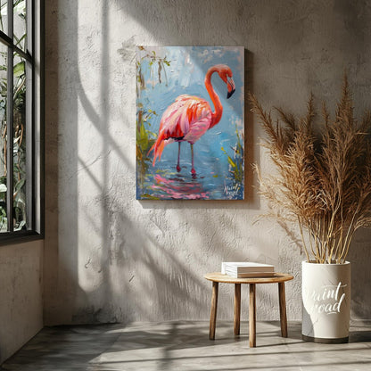 This artwork captures a flamingo in a moment of serene contemplation, standing in shallow water. Th… for living room
