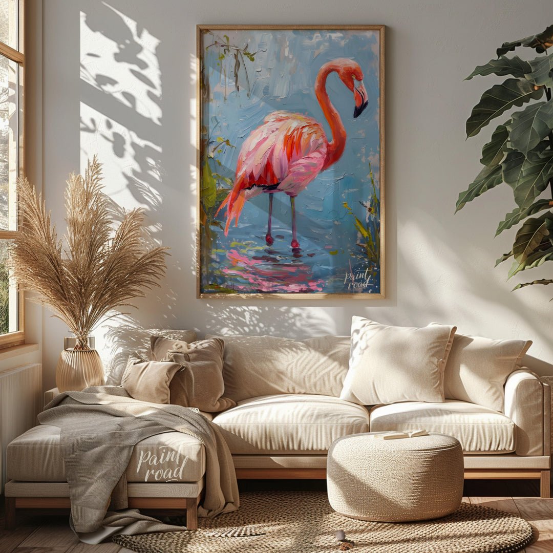 This artwork captures a flamingo in a moment of serene contemplation, standing in shallow water. Th… for living room
