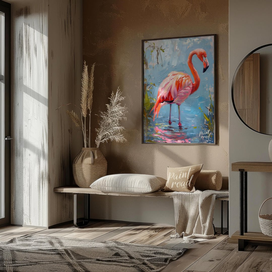 This artwork captures a flamingo in a moment of serene contemplation, standing in shallow water. Th… for living room