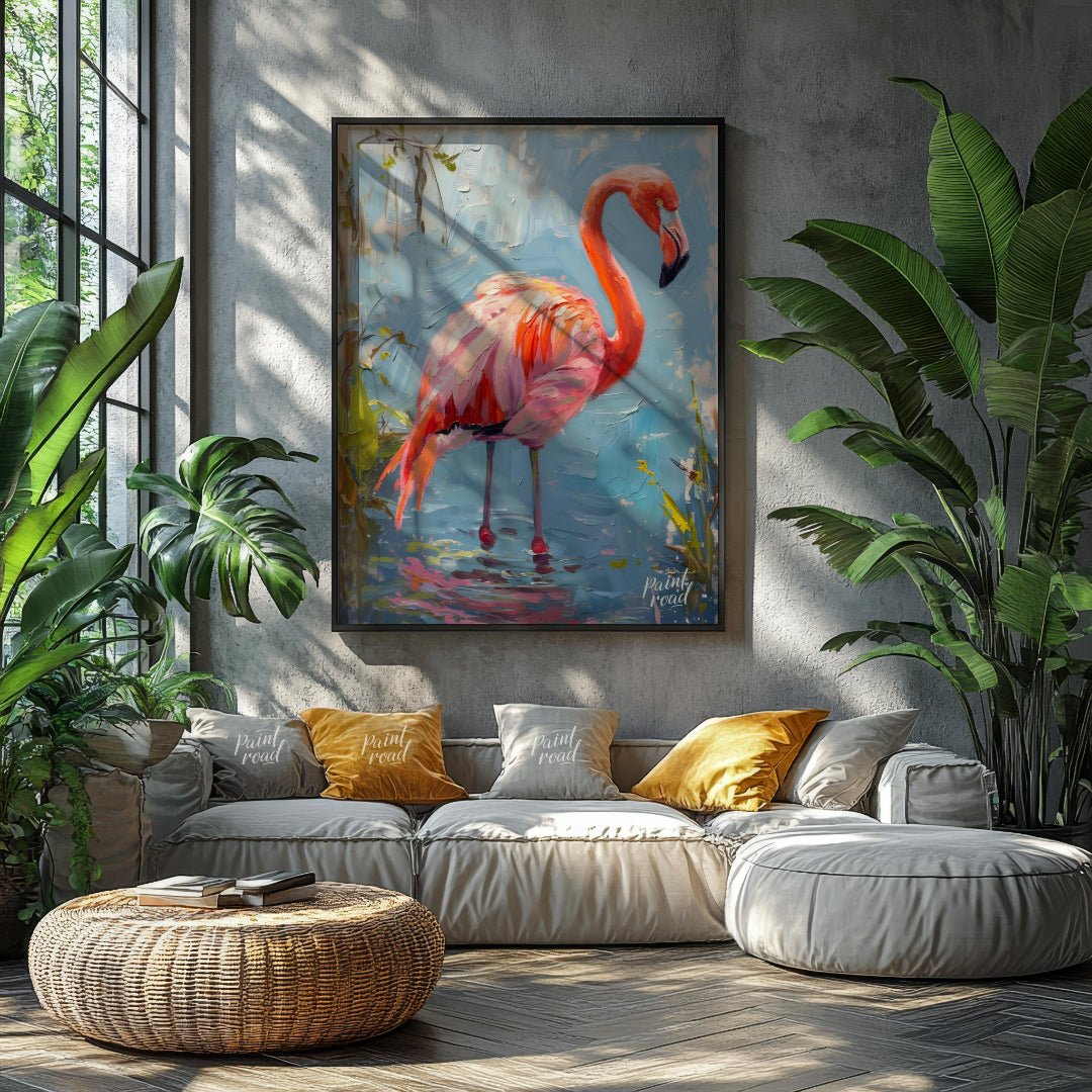 This artwork captures a flamingo in a moment of serene contemplation, standing in shallow water. Th… for living room