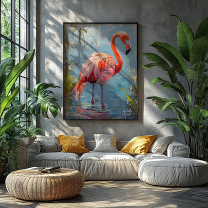 This artwork captures a flamingo in a moment of serene contemplation, standing in shallow water. Th… for living room