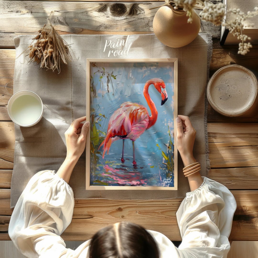 This artwork captures a flamingo in a moment of serene contemplation, standing in shallow water. Th… for other