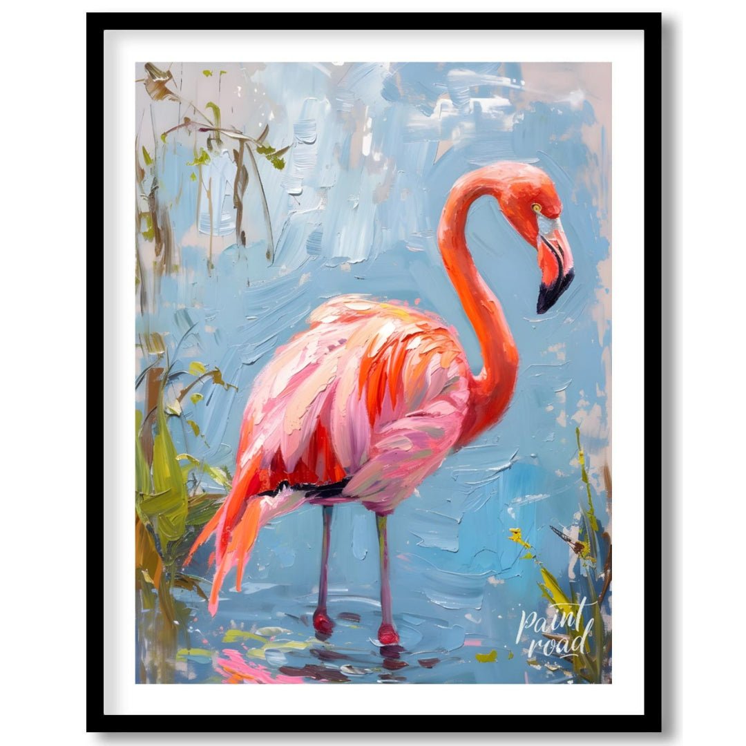 This artwork captures a flamingo in a moment of serene contemplation, standing in shallow water. Th… for place