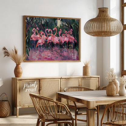 This vibrant artwork presents a lively gathering of flamingos, rendered in a dynamic, expressive st… for dining room