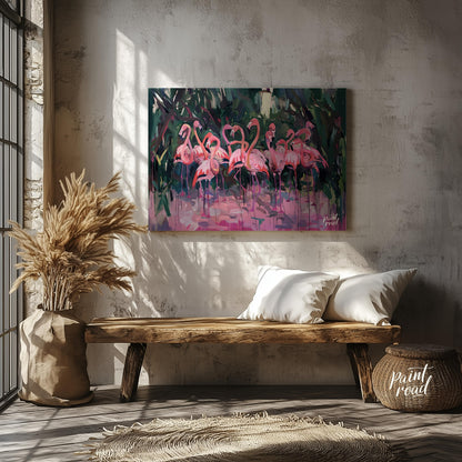 This vibrant artwork presents a lively gathering of flamingos, rendered in a dynamic, expressive st… for entryway