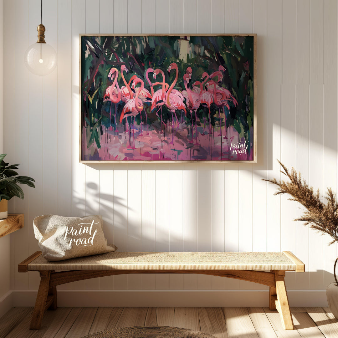 This vibrant artwork presents a lively gathering of flamingos, rendered in a dynamic, expressive st… for entryway