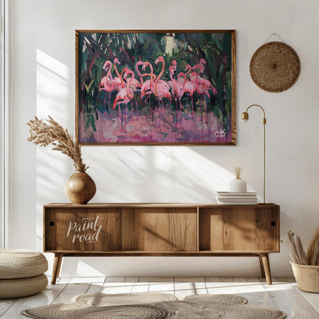 This vibrant artwork presents a lively gathering of flamingos, rendered in a dynamic, expressive st… for living room