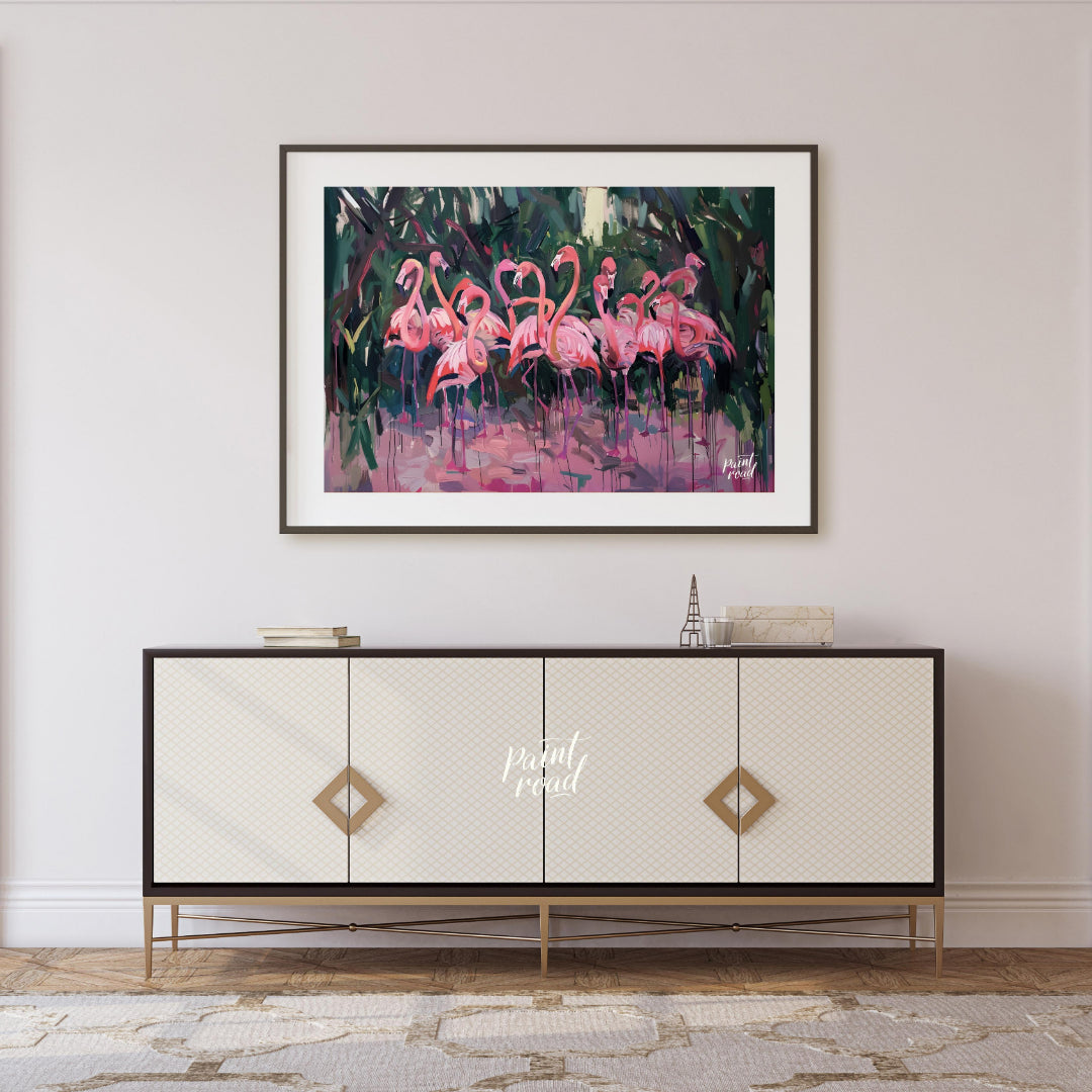 This vibrant artwork presents a lively gathering of flamingos, rendered in a dynamic, expressive st… for living room