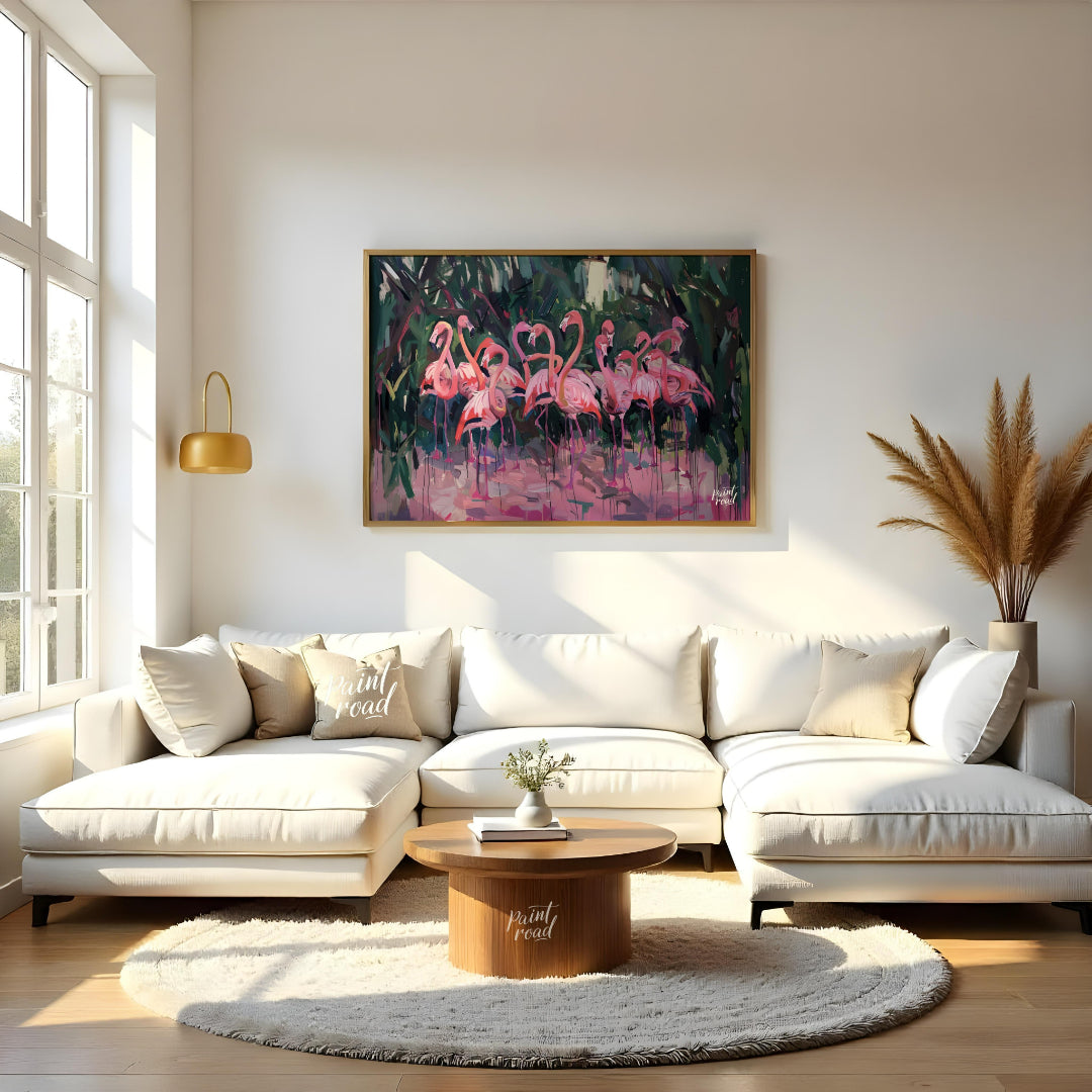 This vibrant artwork presents a lively gathering of flamingos, rendered in a dynamic, expressive st… for living room