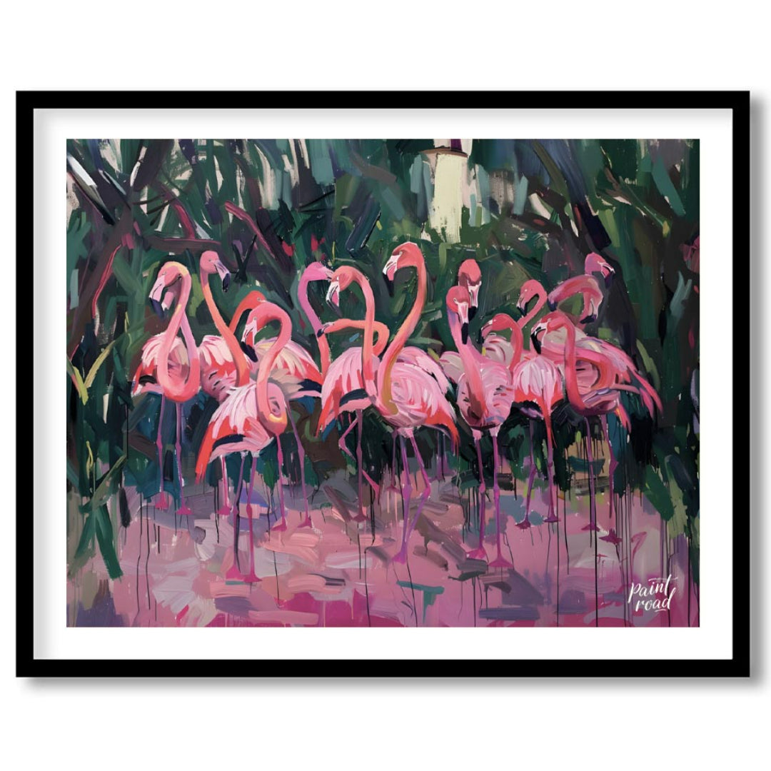 This vibrant artwork presents a lively gathering of flamingos, rendered in a dynamic, expressive st… for place