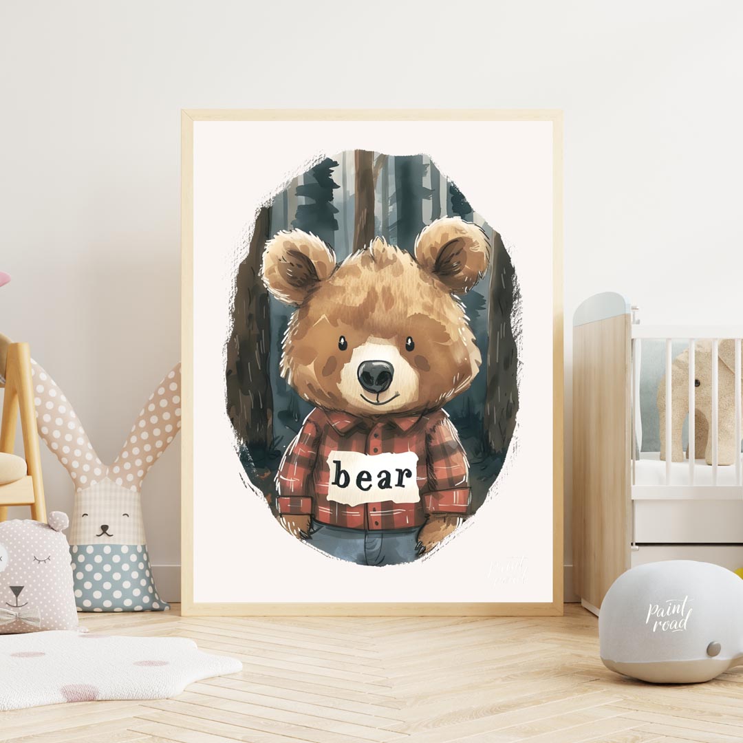 This charming watercolor illustration features a lovable brown bear wearing a classic red and black… for nursery