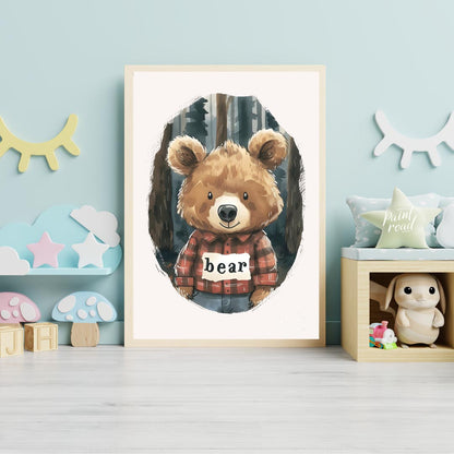 This charming watercolor illustration features a lovable brown bear wearing a classic red and black… for nursery