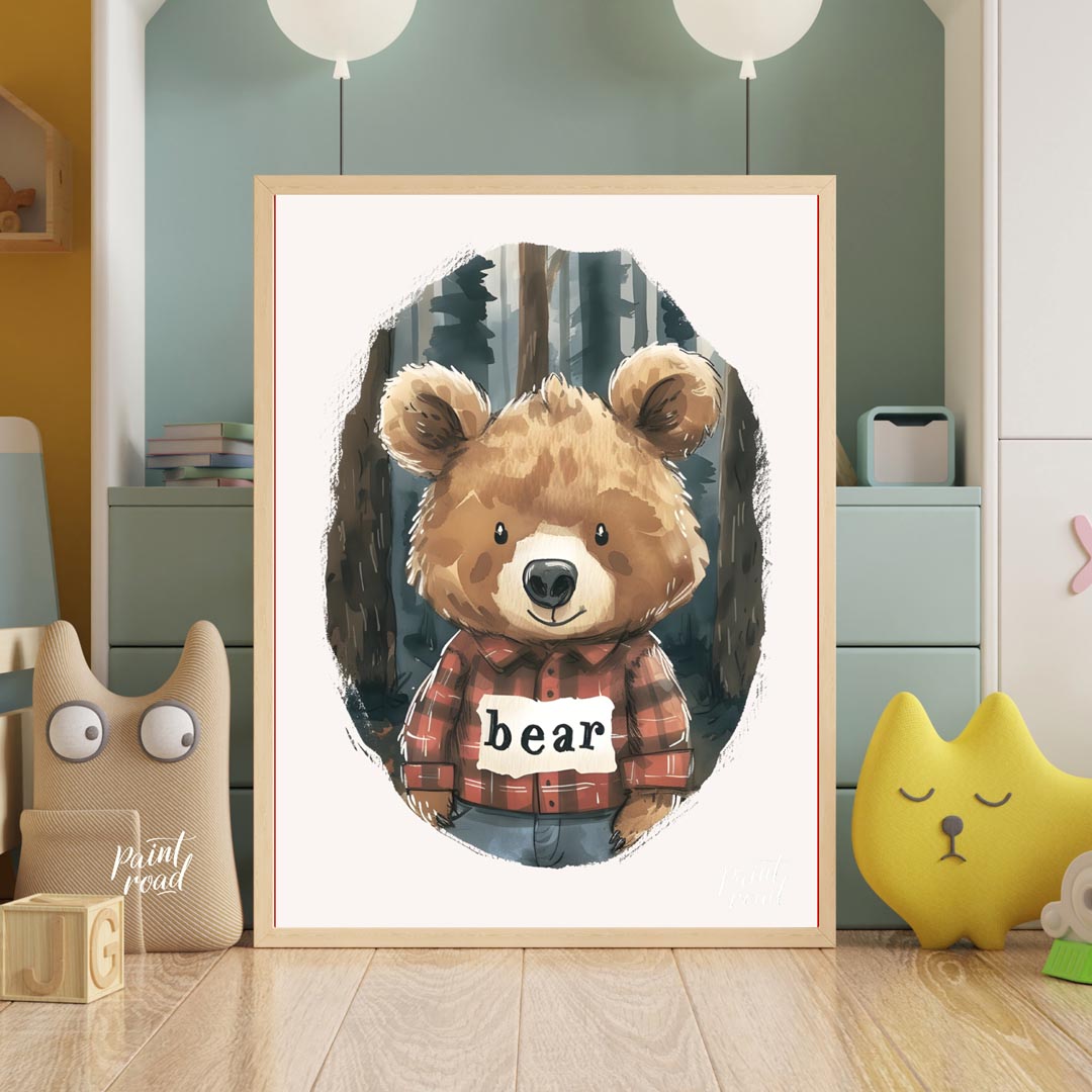 This charming watercolor illustration features a lovable brown bear wearing a classic red and black… for nursery