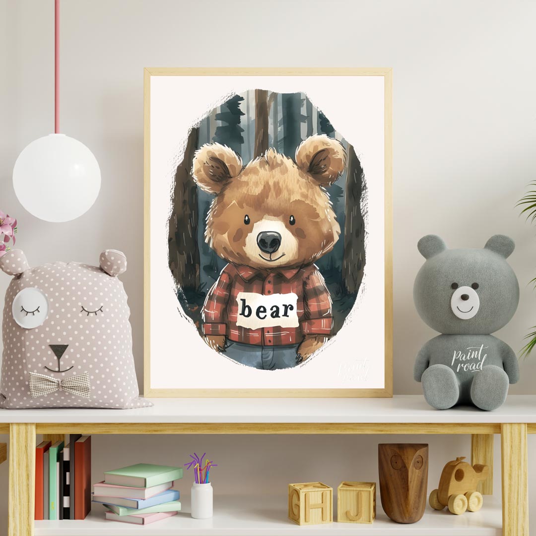 This charming watercolor illustration features a lovable brown bear wearing a classic red and black… for nursery