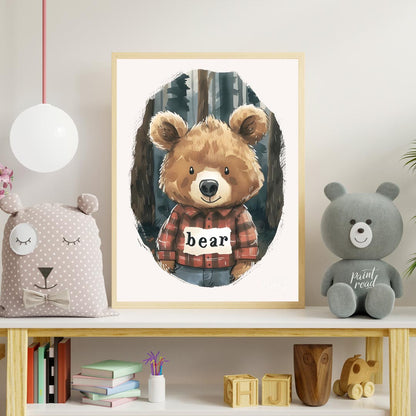 This charming watercolor illustration features a lovable brown bear wearing a classic red and black… for nursery
