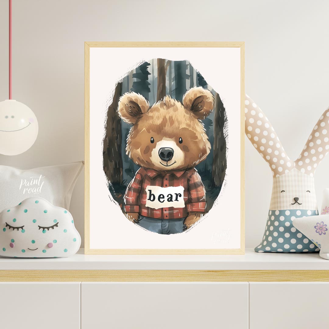 This charming watercolor illustration features a lovable brown bear wearing a classic red and black… for nursery